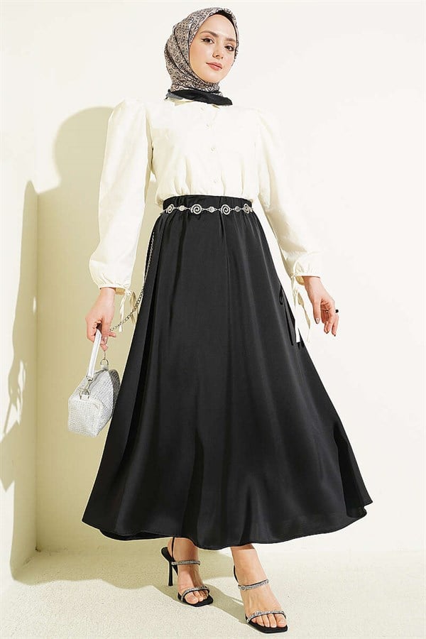 Basic Satin Skirt with Elastic Waistband, Black