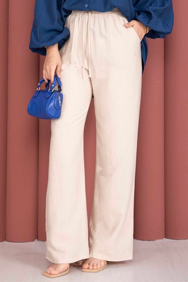 Elasticated Waist Wide Leg Trousers Beige