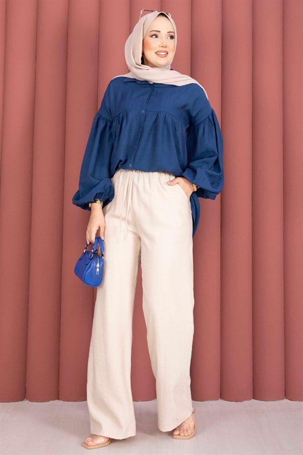 Elasticated Waist Wide Leg Trousers Beige