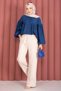 Elasticated Waist Wide Leg Trousers Beige