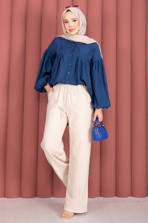 Elasticated Waist Wide Leg Trousers Beige