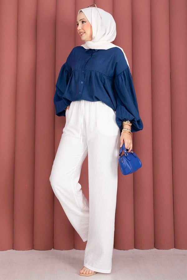 Elastic Waist Wide Leg Trousers White