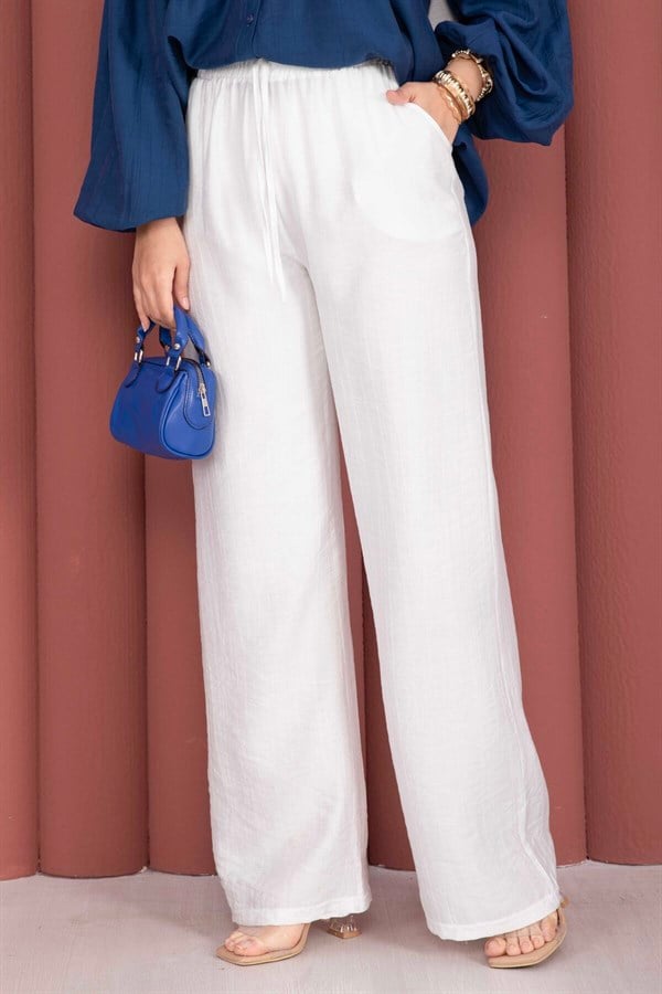 Elastic Waist Wide Leg Trousers White