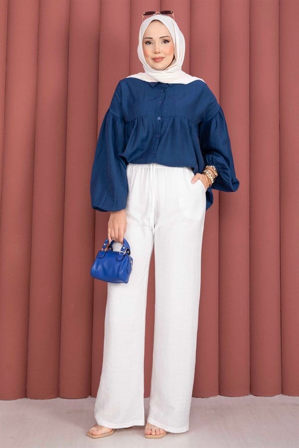 Elastic Waist Wide Leg Trousers White