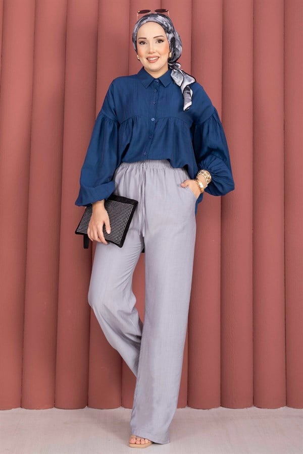 Grey Wide Leg Trousers with Elastic Waistband