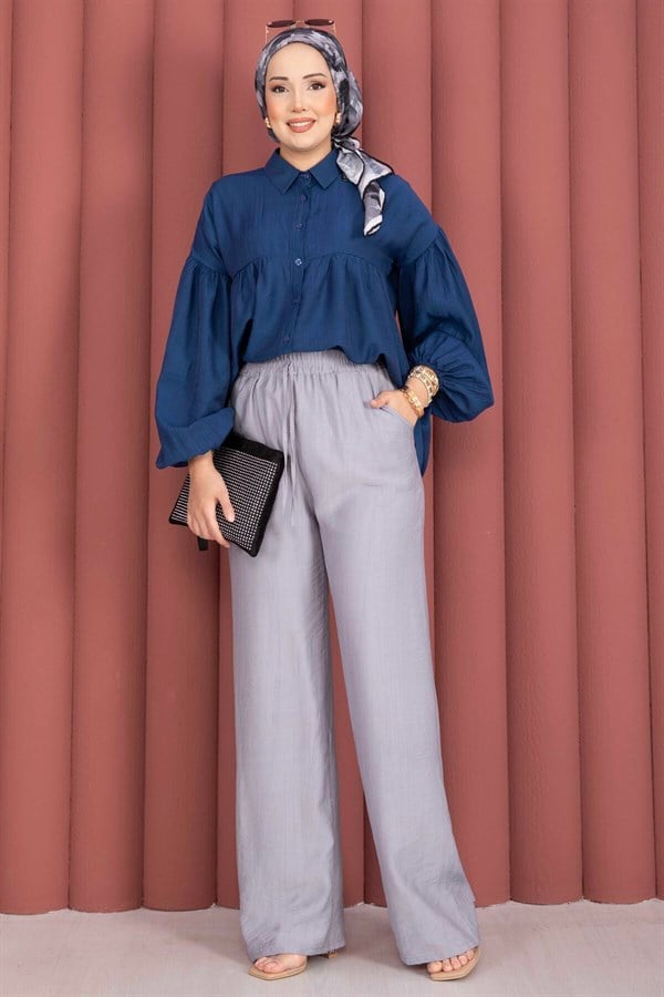 Grey Wide Leg Trousers with Elastic Waistband
