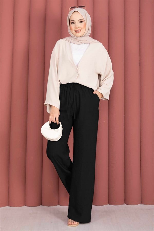 Black Wide Leg Trousers with Elastic Waistband