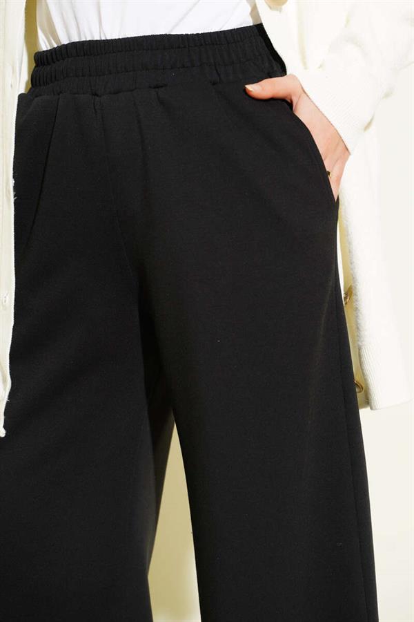Elastic Waist Wide Leg Trousers Black