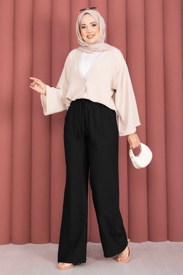 Black Wide Leg Trousers with Elastic Waistband
