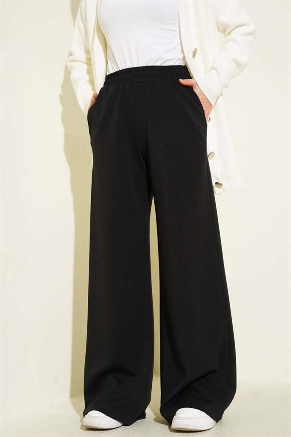 Elastic Waist Wide Leg Trousers Black