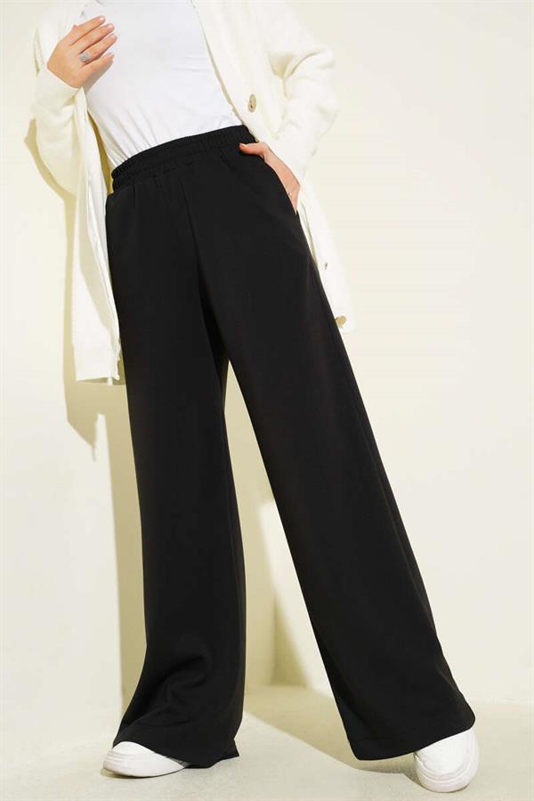 Elastic Waist Wide Leg Trousers Black