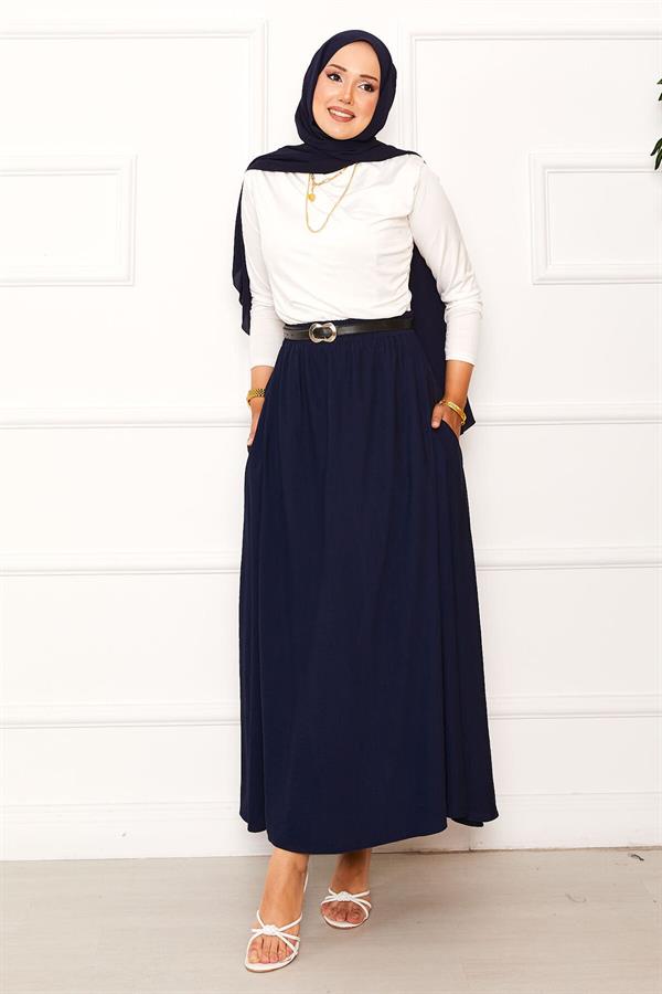 Elastic Waist Pocket Detailed Skirt Navy Blue