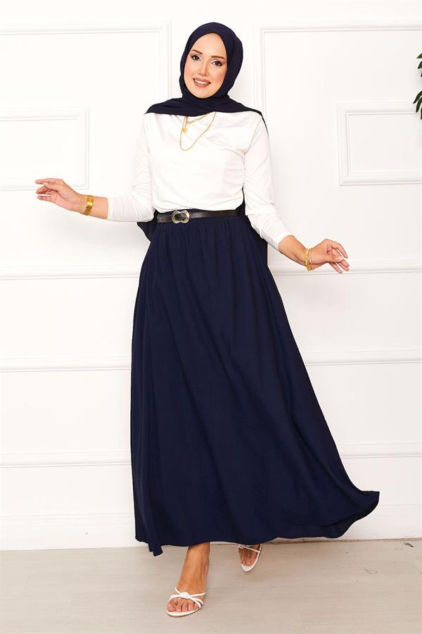 Elastic Waist Pocket Detailed Skirt Navy Blue