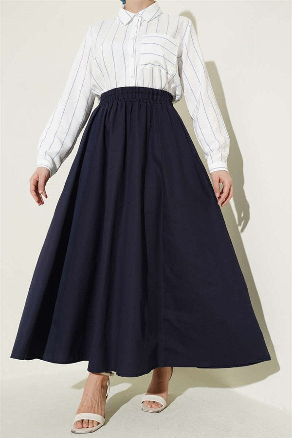 Gabardine Skirt with Elastic Waist and Pockets, Navy Blue
