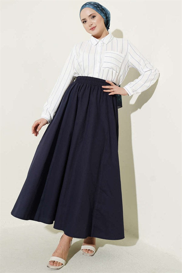 Gabardine Skirt with Elastic Waist and Pockets, Navy Blue
