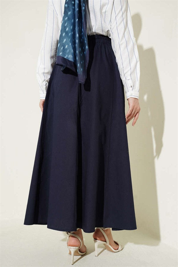 Gabardine Skirt with Elastic Waist and Pockets, Navy Blue