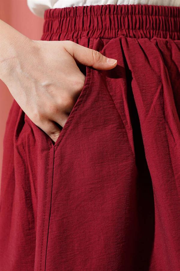 Elastic Waist Flared Skirt with Pockets Claret Red