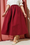 Elastic Waist Flared Skirt with Pockets Claret Red