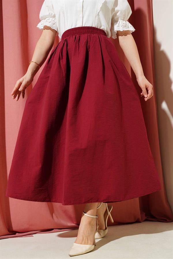 Elastic Waist Flared Skirt with Pockets Claret Red