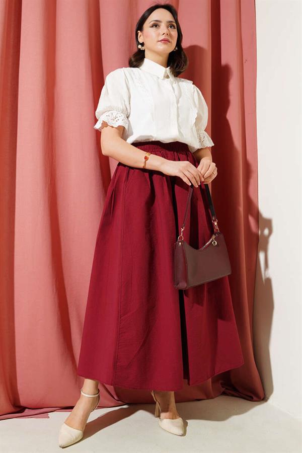 Elastic Waist Flared Skirt with Pockets Claret Red
