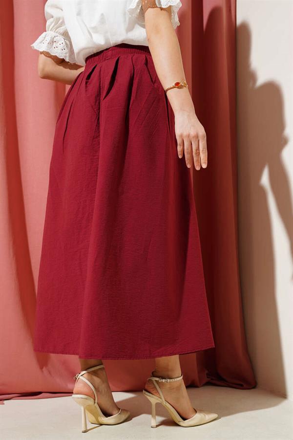 Elastic Waist Flared Skirt with Pockets Claret Red