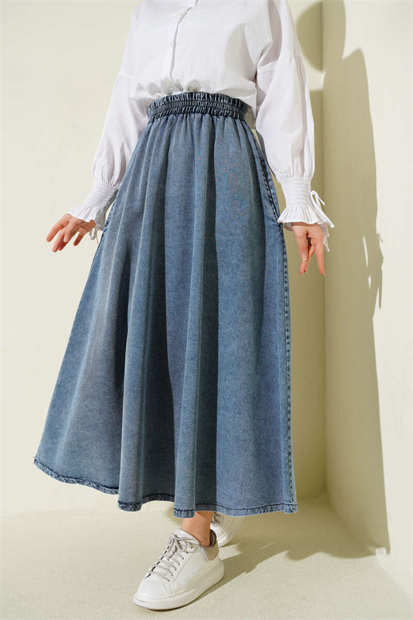 Light Blue Flared Denim Skirt with Elastic Waist and Pockets