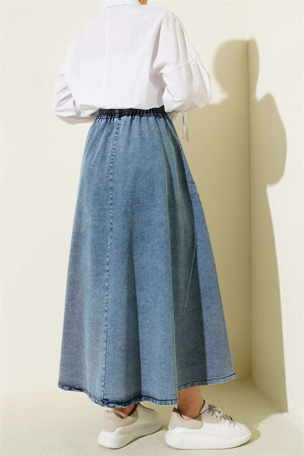 Light Blue Flared Denim Skirt with Elastic Waist and Pockets