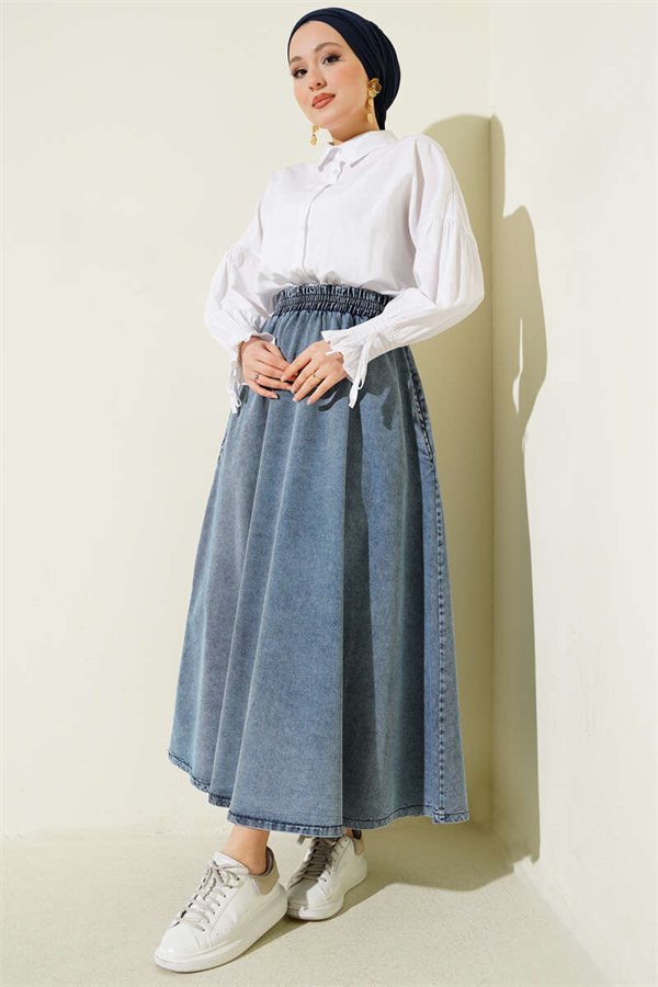 Light Blue Flared Denim Skirt with Elastic Waist and Pockets