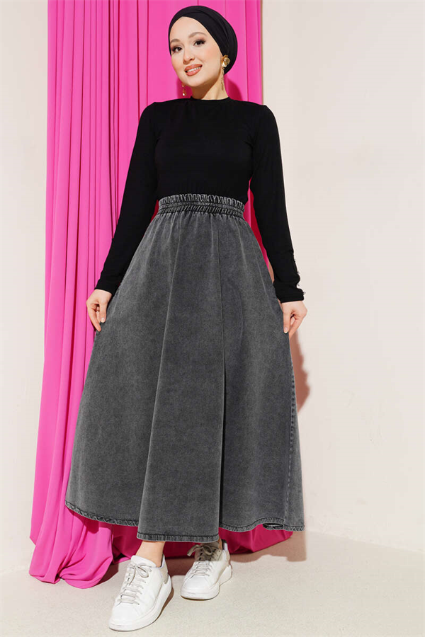 Dark Gray Flared Denim Skirt with Elastic Waist and Pockets