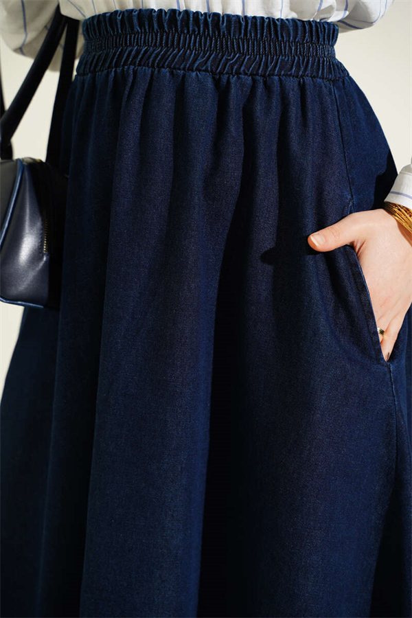 Navy Blue Flared Denim Skirt with Elastic Waist and Pockets
