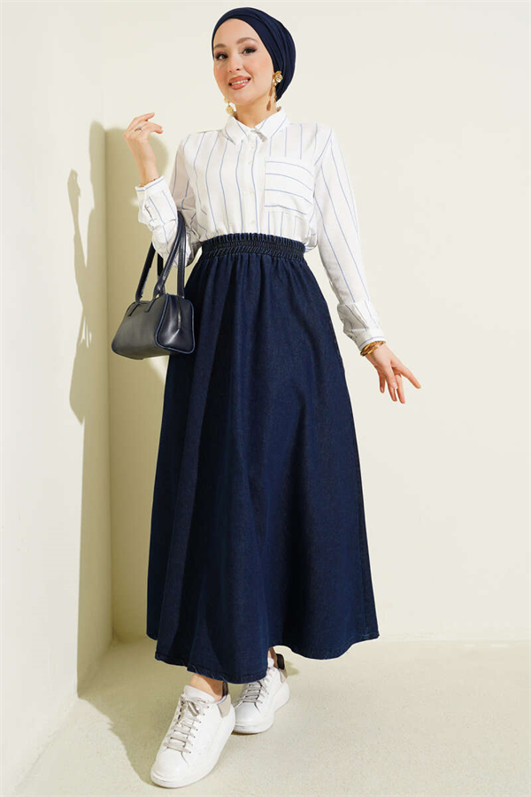 Navy Blue Flared Denim Skirt with Elastic Waist and Pockets