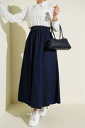 Navy Blue Flared Denim Skirt with Elastic Waist and Pockets