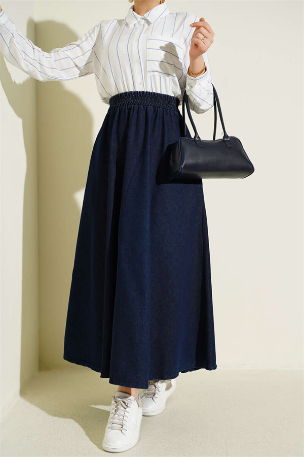 Navy Blue Flared Denim Skirt with Elastic Waist and Pockets