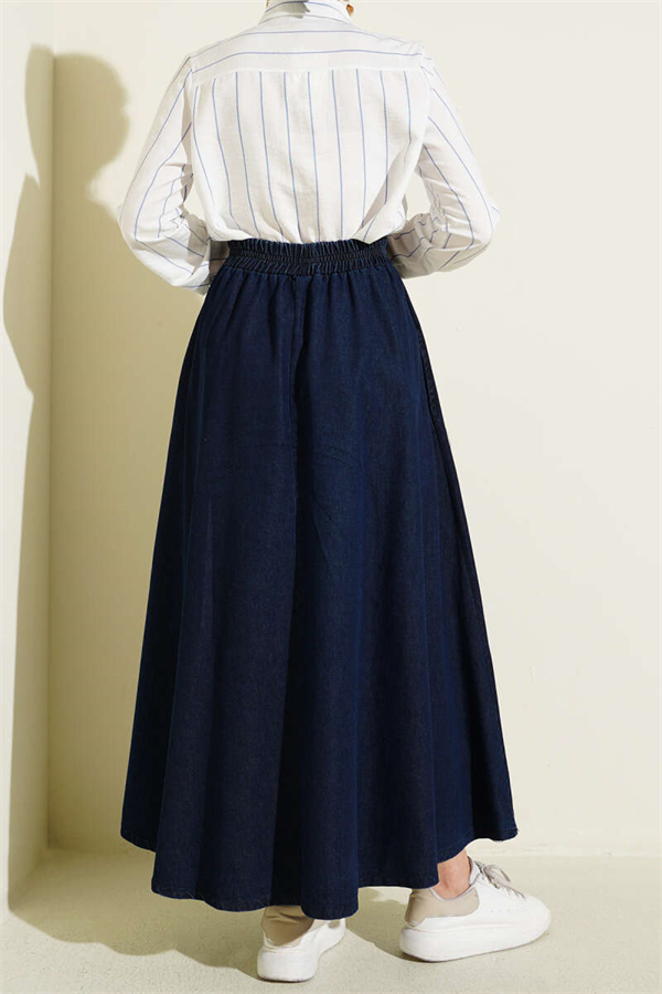 Navy Blue Flared Denim Skirt with Elastic Waist and Pockets