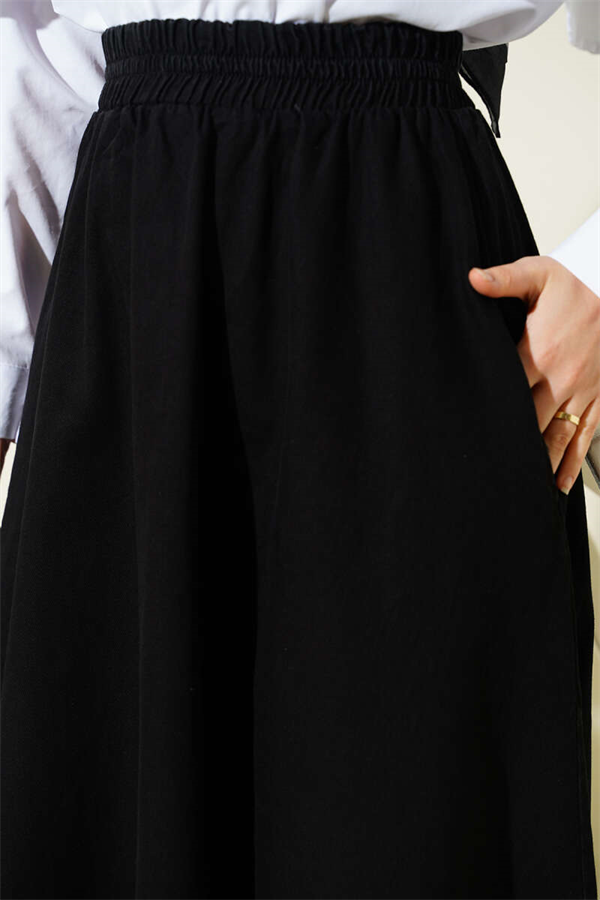 Black Flared Denim Skirt with Elastic Waist and Pockets