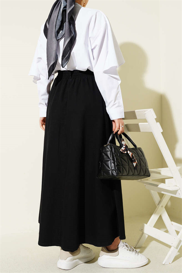 Black Flared Denim Skirt with Elastic Waist and Pockets