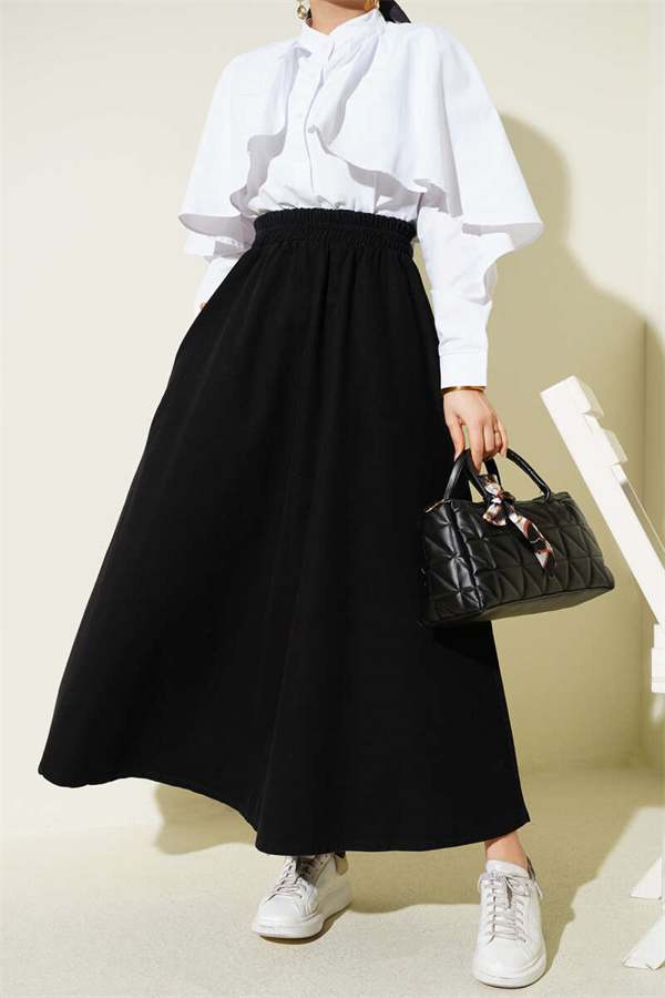 Black Flared Denim Skirt with Elastic Waist and Pockets