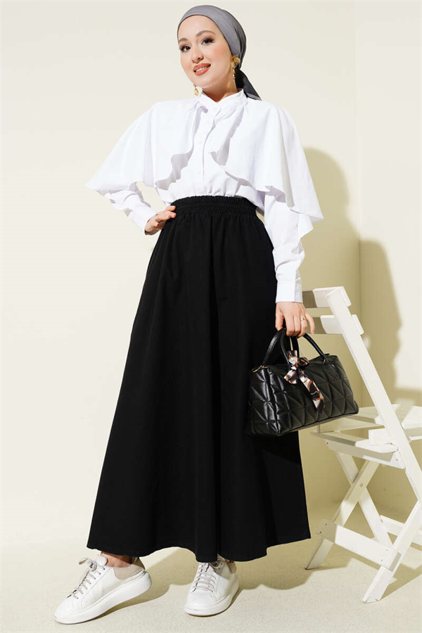 Black Flared Denim Skirt with Elastic Waist and Pockets