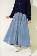 Elastic Waist Pocket Denim Skirt Denim Blue