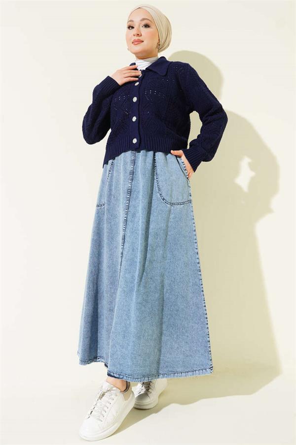 Elastic Waist Pocket Denim Skirt Denim Blue