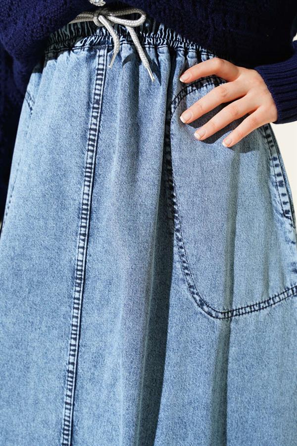 Elastic Waist Pocket Denim Skirt Denim Blue