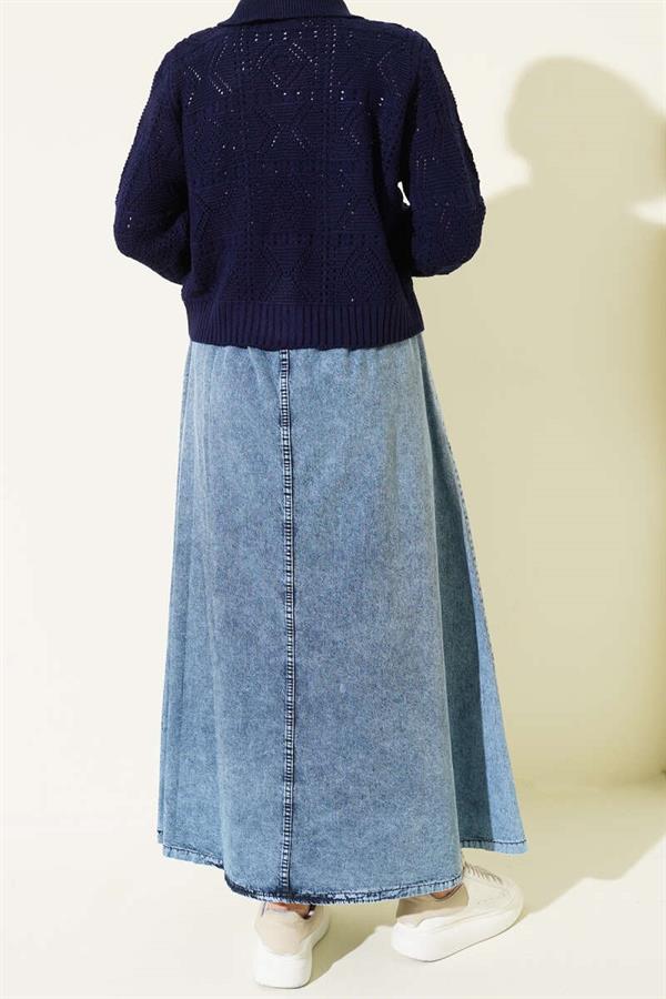 Elastic Waist Pocket Denim Skirt Denim Blue