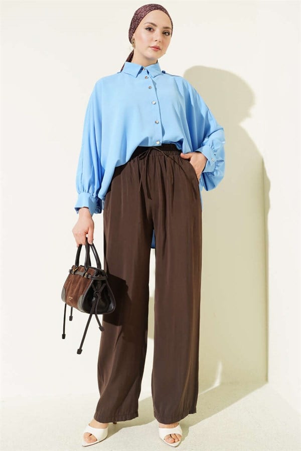 Modal Trousers with Elastic Waist and Pockets, Brown