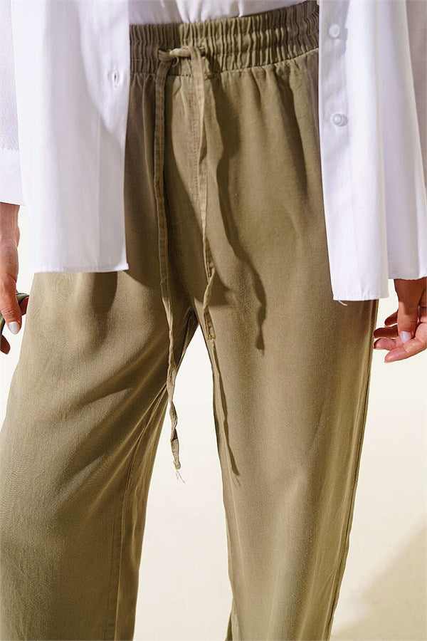 Tencel Pants with Elastic Waist and Pockets, Khaki