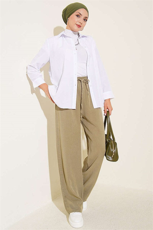 Tencel Pants with Elastic Waist and Pockets, Khaki