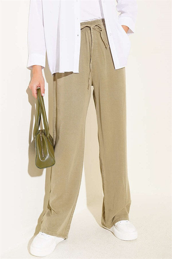Tencel Pants with Elastic Waist and Pockets, Khaki