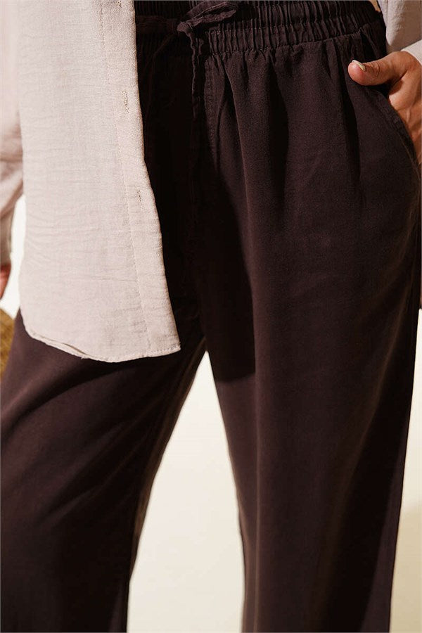 Tencel Trousers with Elastic Waist and Pockets, Brown