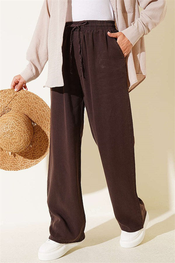 Tencel Trousers with Elastic Waist and Pockets, Brown