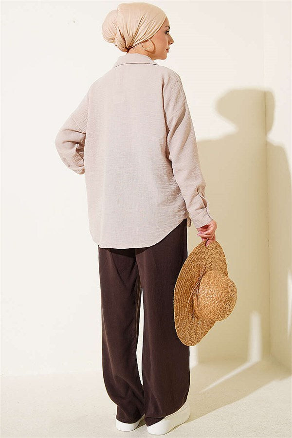 Tencel Trousers with Elastic Waist and Pockets, Brown