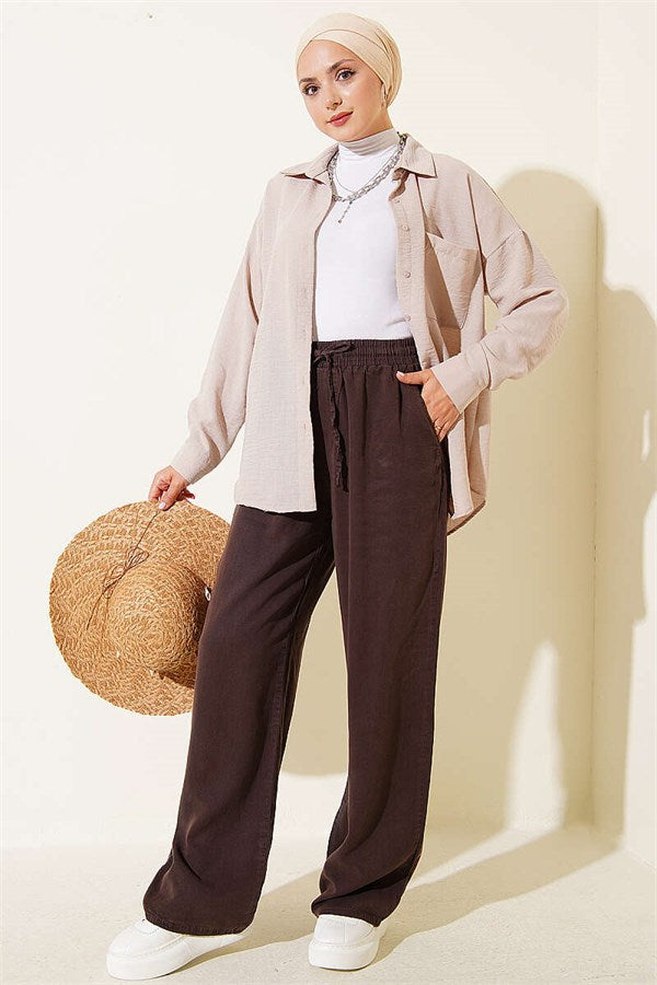 Tencel Trousers with Elastic Waist and Pockets, Brown